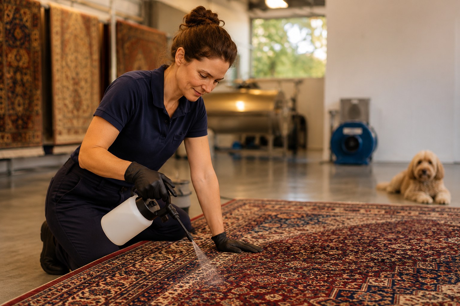 Professional enzyme-based pet urine treatment being applied to a rug