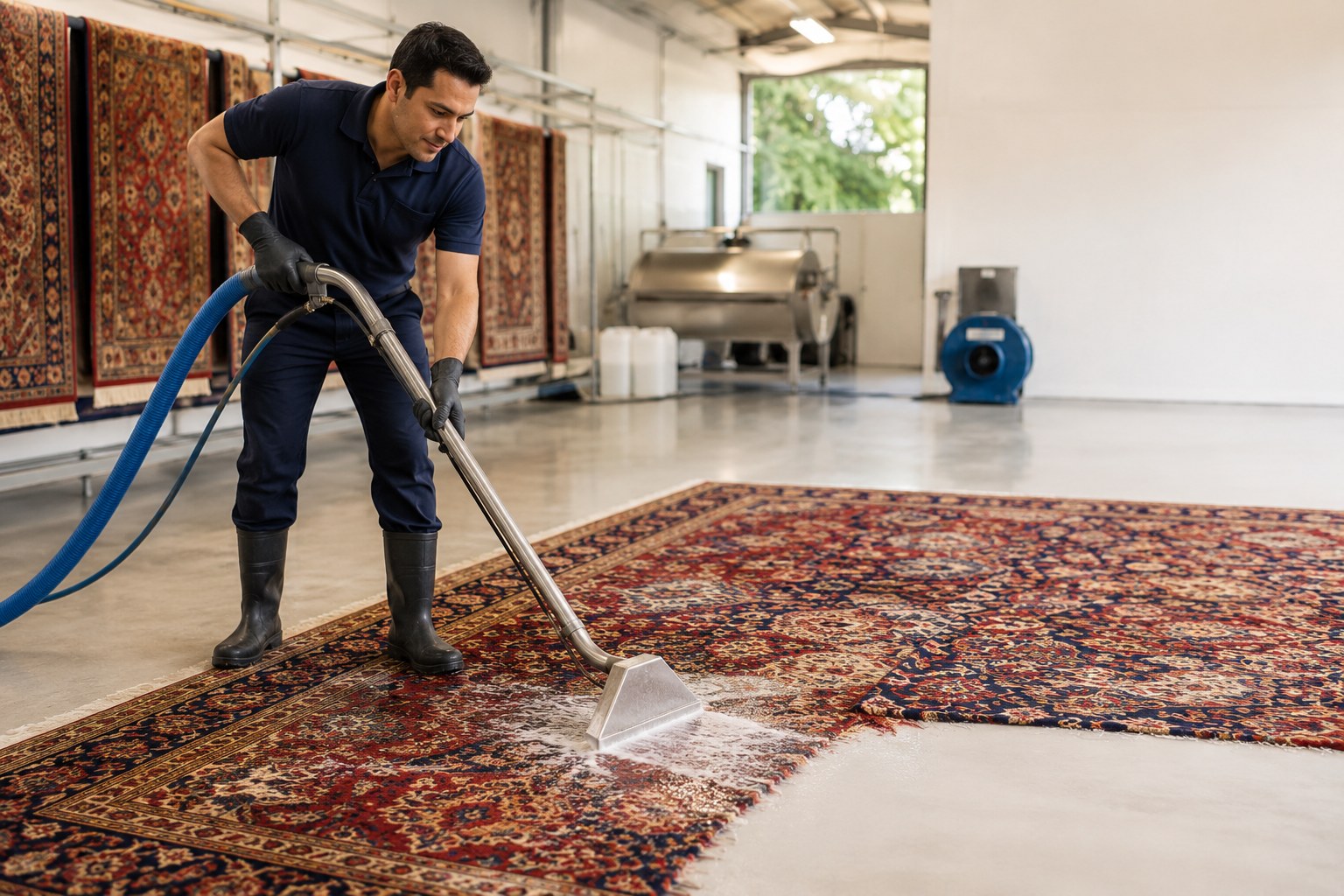Professional rug washing process in facility