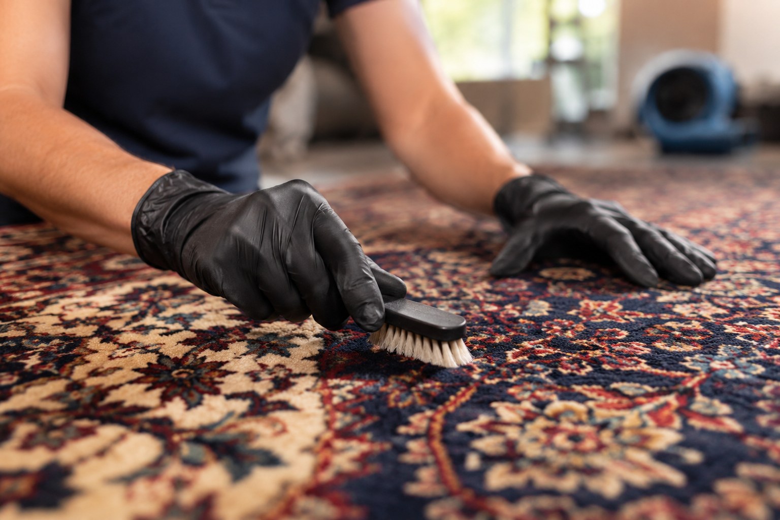 Professional close-up stain removal treatment on a patterned rug